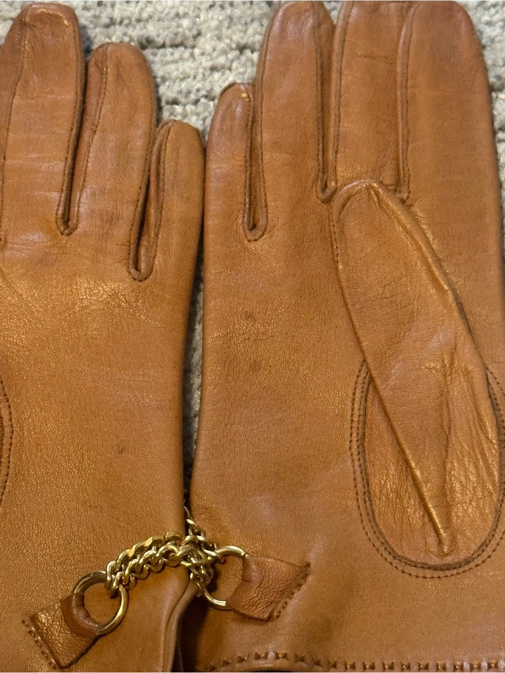 Vintage 70s I. Magnin Brown Calfskin Leather Gloves w/ Gold Chain XS